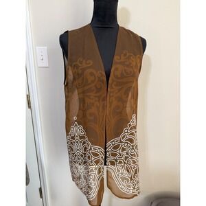 Vtg Brown Sheer Overlay Vest Ornate Scroll‎ Print Sz S/M boo festival tribal Y2K